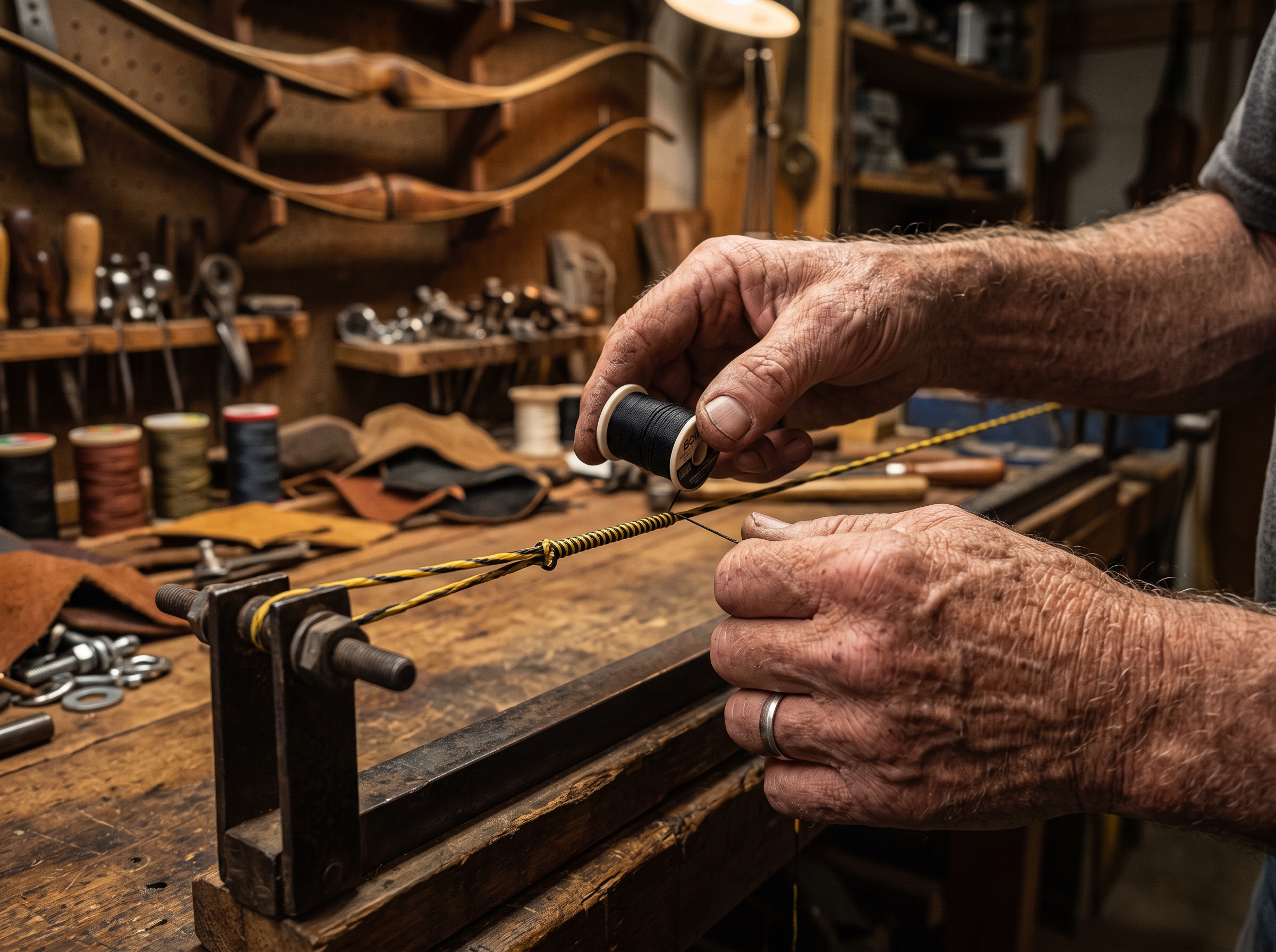 Artesano fabricando cuerda de arco